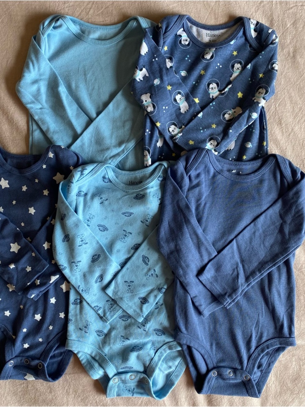 Hanes Baby Boys Blue Multi Long-Sleeve One-Piece Bodysuits Bundle. 18-24M.